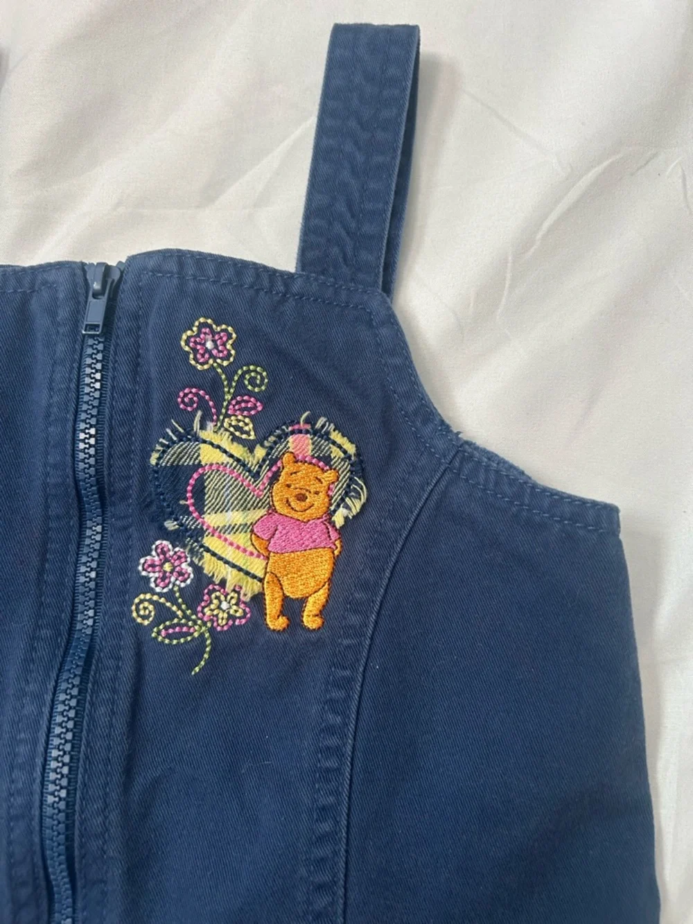 90’s  Y2K Winnie the Pooh Peplum Dress Jumper Yellow Navy Embroidered Plaid 3T